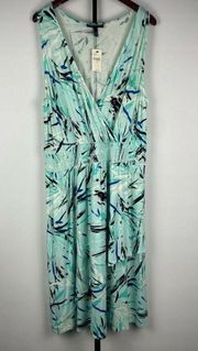 Lane Bryant Blue Palm Strokes Smocked Waist Sleeveless Faux Wrap Dress