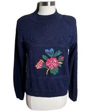 The Eagles Eye Sweater Womens Medium Vintage Navy Blue Floral Embroidered Knit