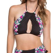 Betsey Johnson Rose Halter Cutout Bikini Top Black Pink Large