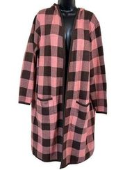 D&CO. HOODED OPEN FRONT BROWN AND PINK BUFFALO PLAID CARDIGAN DUSTER