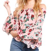 Ambiance Floral Off Shoulder Bell Sleeve Crinkle Top