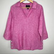 Tahari Pink 100% Linen V Neck Top Medium