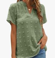 Blooming Jelly Womens Chiffon Blouses Short Sleeve V Neck Shirts Green Polka Dot