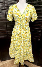 Betsey Johnson Women's White/Yellow Lemon Print Midi Short Sleeve Dress S NWOT