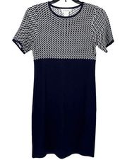 Exclusively Misook Geometric Acrylic Dress Women's Size Small Navy Blue White