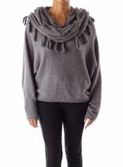 BCBGMaxazria Women's Gray Wool Blend Ziona Cowl Neck Fringe Scarf Sweater Size M