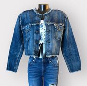 ABLE NWT Womens Cropped Distressed Denim Jacket sz XL Blue Jean Raw Edge Hem