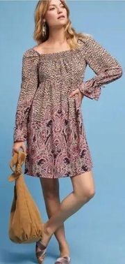 Anthropologie Maeve Milou Smocked Dress Paisley Leopard Print Size XS