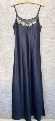 Vintage Jones New York slip dress nightie nightgown midnight navy blue satin