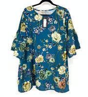 Bryn Walker Womens Size Medium Diego Tunic Teal Floral Print Flutter Sleeve NEW