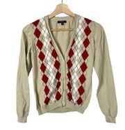 Burberry Light Brown Red & White Argyle Knit Cardigan Sweater XS