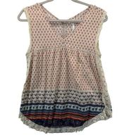 Andree Blue Womens Top Sz M Boho Fringe Sleeveless Lace Trim V-Neck Southwestern