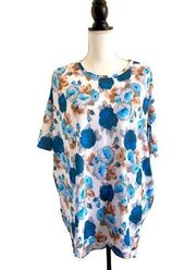 LuLaRoe Irma Tunic Top White & Blue Rose Floral Multi Print Ladies Extra Small