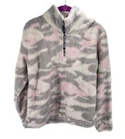 Bebe Womens Camouflage Sweater Mock Neck Long Sleeve Fleece Pink Gray Medium