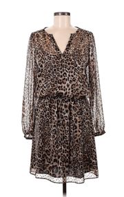 White House Black Market Brown Leopard Metallic V-neck Long Sleeve Dress- Size 6