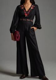 Anthropologie x  Embroidered Flower Wide-Leg Jumpsuit, XS