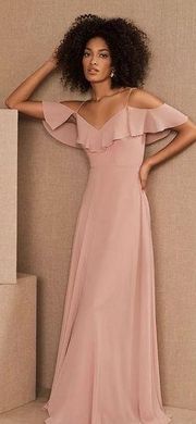 Morilee Madeline Gardner Blush Pink Off the shoulder chiffon dress maxi size 4