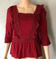 Francesca’s Blue Rain NWT Brick Red Ruffle Bell Sleeve Peasant Top Size XS