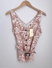 NWT  Women’s Cream Rust Palm Floral Tropical Linen Peplum Tank Top Medium