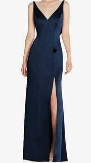 After Six Draped Cowl-Back Princess Line Dress With Front Slit Midnight Navy 8R