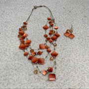 Etsy Gold tone 4 Strand orange & gold Station Bib Necklace & matching earrings