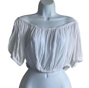 Elan Top Women M White Scoop Neck Short Sleeve Gauze Fabric Cropped Pullover