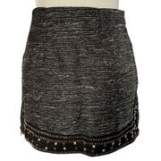New  Beaded Grommet Hem Side Zip Tweed Mini Skirt Black Gold