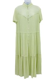 Rag & Bone Libby Tiered Seam Crinkle Dress Short Sleeve Flowy Midi Green Medium