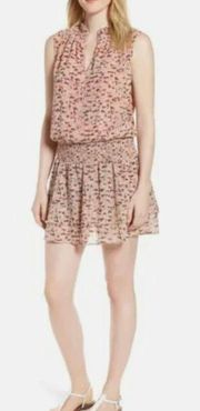 Women's S Abstract Printed Drop Waist Mini Dress Pink Smocked