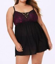 Torrid Size 2X Black Mesh Purple Lattice Babydoll Lingerie Womens Chemise Plus 2