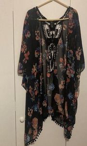 MIXIT Women One Size Chiffon Multicolor Floral Open Front Kimono Lace Fringe EUC