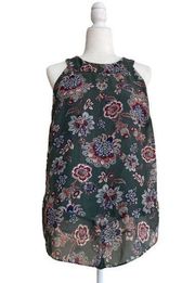 AB Studio Green Floral Print Halter Neckline Women L Sleeveless Blouse Tank