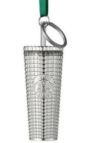 NWT Starbucks Holiday 2023 Silver Metallic Grid Chrome Tumbler Ornament Keychain