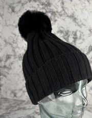 Athleta  Ribbed Pom Winter Beanie Hat Black Wool Blend