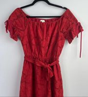 Shoshanna anthropologie eyelet red belted ruffle midi dress size 2 wedding guest