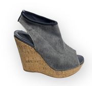 Stuart Weitzman  Slingback Cork Platform Tall Wedge Sandal  Gunmetal Grey  6M