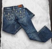 850 Buckle Big Star Liv Flare Jeans 24R Low Rise Flap Pockets Stretch Dark Wash