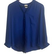 SIS SIS Blouse Women Small Royal Blue Button Up V-Neck Long Sleeve Sheer