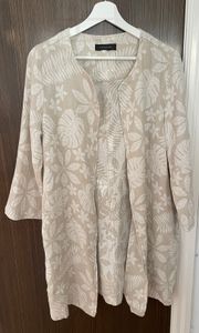 Cream White Linen Cotton Blend Open Front Tropical Cardigan Duster, size M