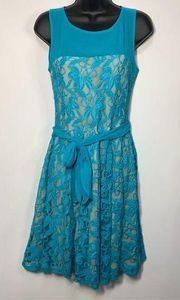 Covington Women's Waist Tie Sleeveless Floral Lace Fit & Flare Blue Size 6