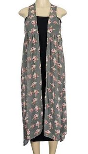 David and Young Duster Womens S/M Grey Pink Floral Sheer Gauze Sleeveless Vest