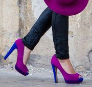 Candies faux suede pink blue stacked heel peep toe pumps Size 8.5.  B66