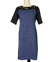 Knit Tweed-Front Embellished Short Sleeve Sheath Dress. Size 10