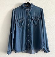 Highway Jeans Womens Medium Button Down Chambray Shirt Blue Roll Up Sleeves