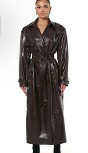 Naked Wardrobe Women's Size Small Crocodile Trench Coat Brown Vegan Leather