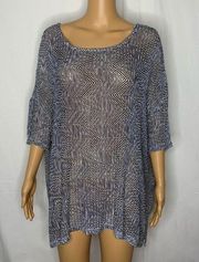 Carmen Marc Valvo Sheer Knit Dolman Sleeve Pullover Sweater Blue White Large