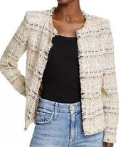 IRO Shavana Plaid Tweed Jacket Boucle Metallic Thread Open Front Raw Fringe 38