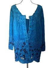 SOFT SURROUNDINGS Esme Floral Embroidered Top w/ Tank Blue Lace 3/4 Sleeve 2DG16