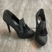 tweed material heels with charms