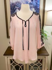 Women's Pastel Pink Blouse with Keyhole Neckline and Lace SIZE M